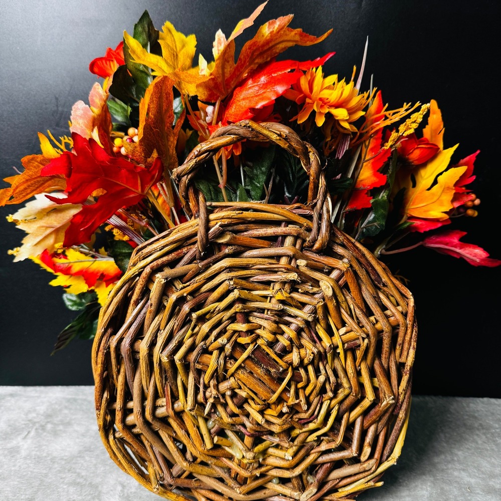 Fall Floral Arrangement Woven Twig Wall Basket Autumn Flowers Leaves Cottagecore - Picture 2 of 8